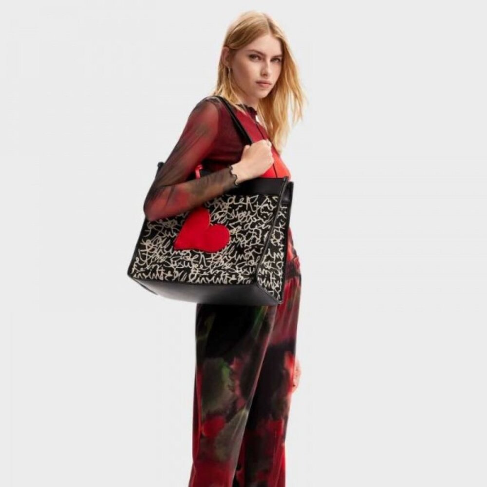 Desigual Large  "Love The World" Tote in Black and Cream  - NWT
